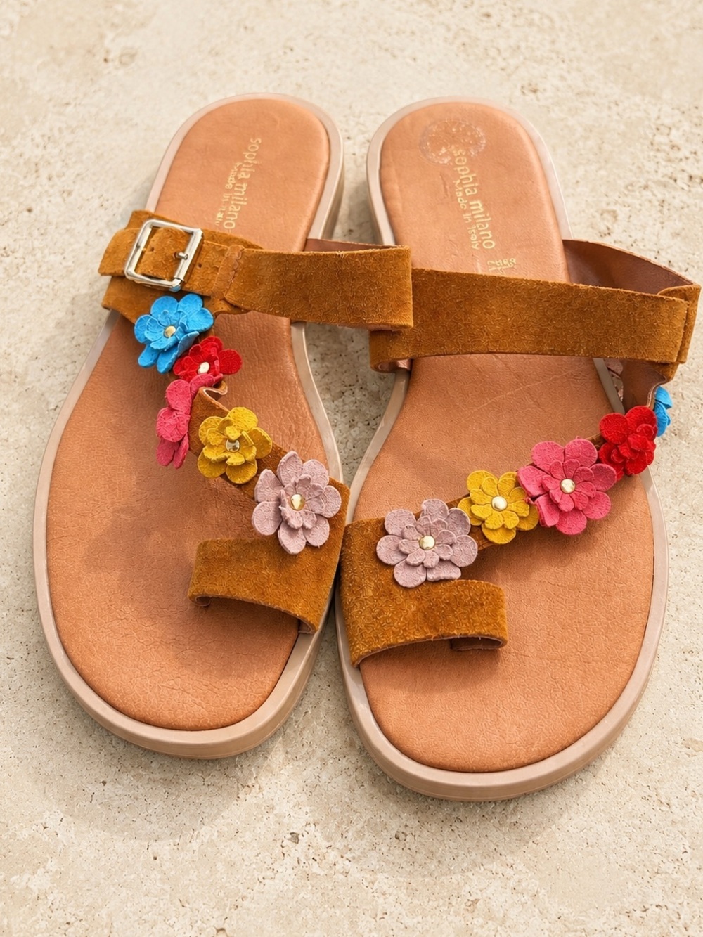 Sophia Milano Made in Italy Suede Floral Toe Loop Sandals EU 39 US 8